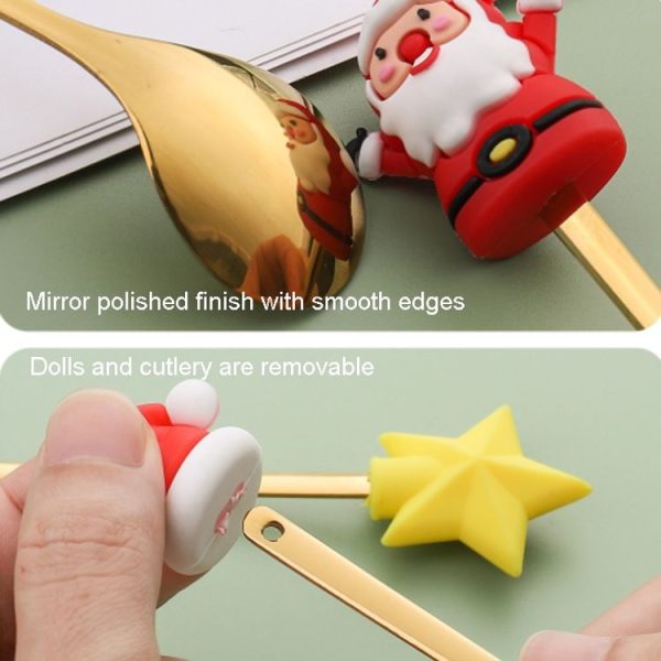 2pcs / Pack Christmas Dessert Fork And Spoon Set Portable Cute Cartoon Tableware, Style: Santa Claus Golden - Image 6