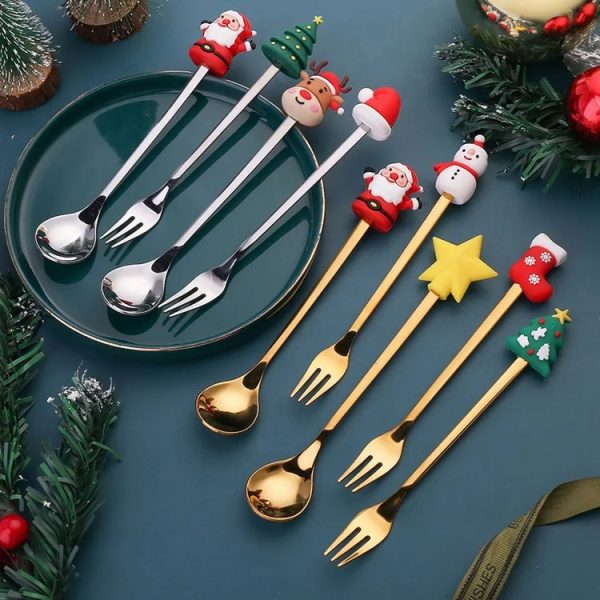2pcs / Pack Christmas Dessert Fork And Spoon Set Portable Cute Cartoon Tableware, Style: Santa Claus Golden - Image 9