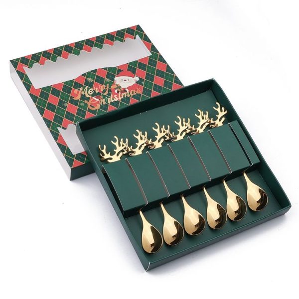 6pcs / Pack Christmas 304 Stainless Steel Deer Stirring Spoon Coffee Dessert Scoop, Color: Gold+Green Box