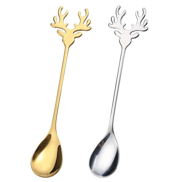 6pcs / Pack Christmas 304 Stainless Steel Deer Stirring Spoon Coffee Dessert Scoop, Color: Gold+Green Box - Image 2