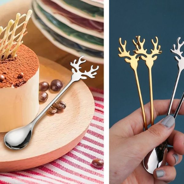 6pcs / Pack Christmas 304 Stainless Steel Deer Stirring Spoon Coffee Dessert Scoop, Color: Gold+Green Box - Image 4