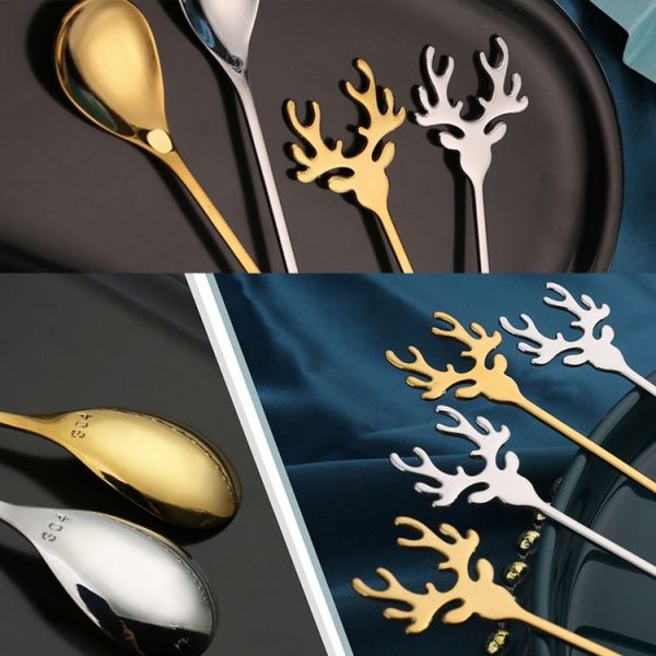 6pcs / Pack Christmas 304 Stainless Steel Deer Stirring Spoon Coffee Dessert Scoop, Color: Gold+Green Box - Image 5