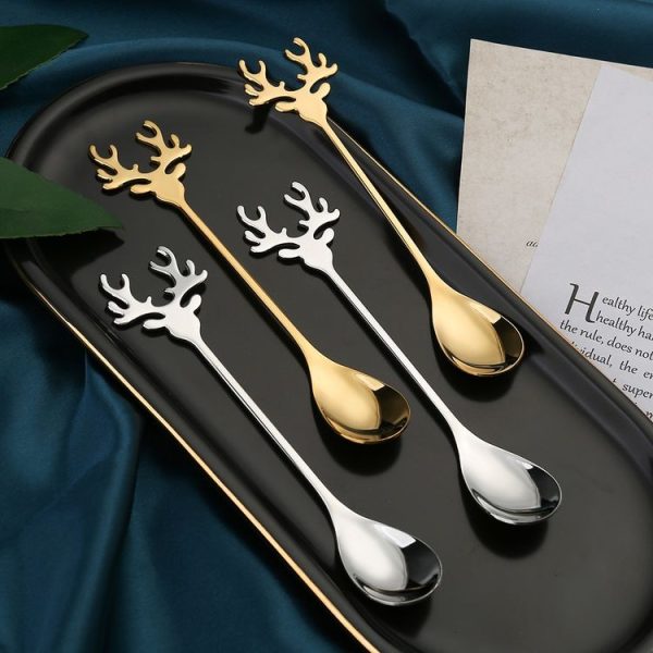 6pcs / Pack Christmas 304 Stainless Steel Deer Stirring Spoon Coffee Dessert Scoop, Color: Gold+Green Box - Image 6