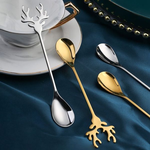 6pcs / Pack Christmas 304 Stainless Steel Deer Stirring Spoon Coffee Dessert Scoop, Color: Gold+Green Box - Image 7