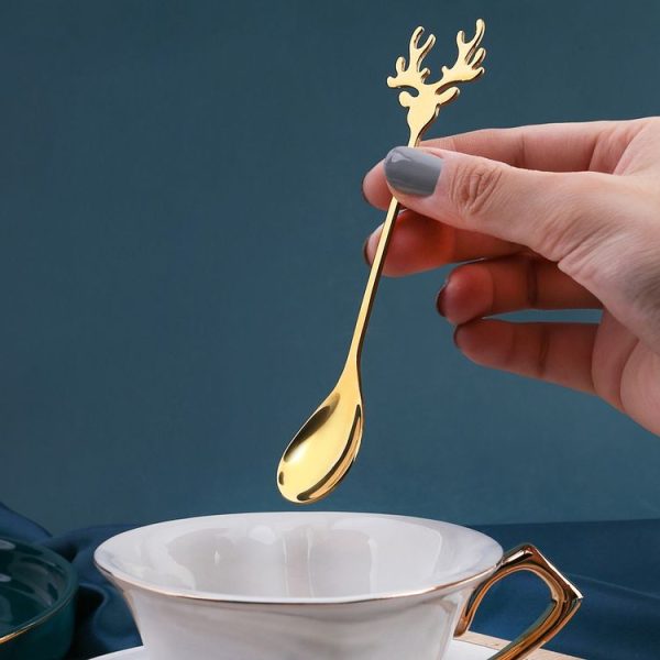6pcs / Pack Christmas 304 Stainless Steel Deer Stirring Spoon Coffee Dessert Scoop, Color: Gold+Green Box - Image 8