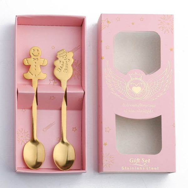 2pcs / Pack Christmas Stainless Steel Spoon Tableware Gift Set, Color: Pink Box Golden Gingerbread+Snowman