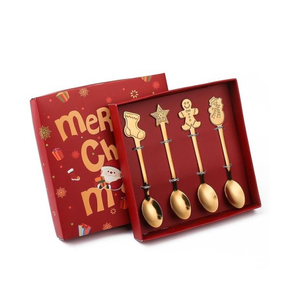 4pcs / Pack Christmas Stainless Steel Spoon Tableware Gift Set, Color: Golden Christmas Box