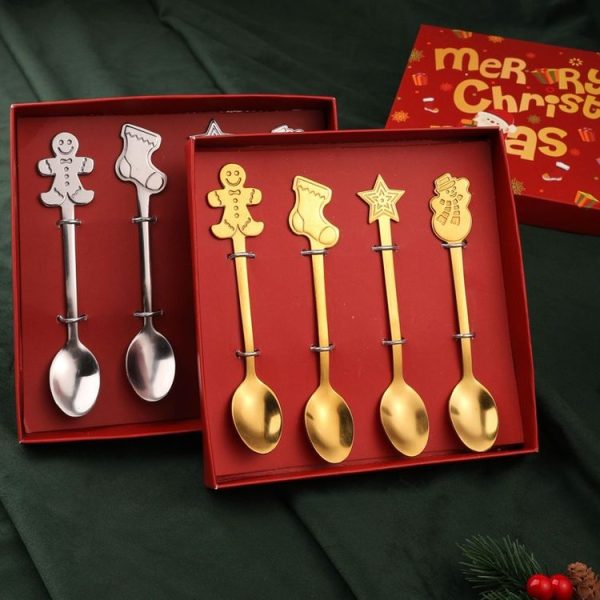 4pcs / Pack Christmas Stainless Steel Spoon Tableware Gift Set, Color: Golden Christmas Box - Image 5