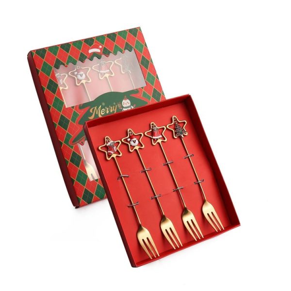 4pcs / Pack Christmas Stainless Steel Spoon And Fork Star Pendant Cutlery Gift Set, Specification: 410 Fork