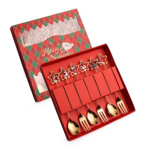 6pcs / Pack Christmas Stainless Steel Spoon And Fork Cutlery Gift Set, Style: 410 Pentagram+Red Box