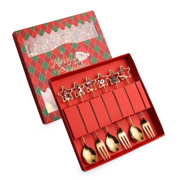 6pcs / Pack Christmas Stainless Steel Spoon And Fork Cutlery Gift Set, Style: 410 Pentagram+Red Box
