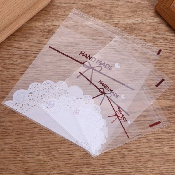 100pcs / Pack 7x7cm White Lace Bow Biscuit Self-Adhesive Bags Baking Packaging - Image 2