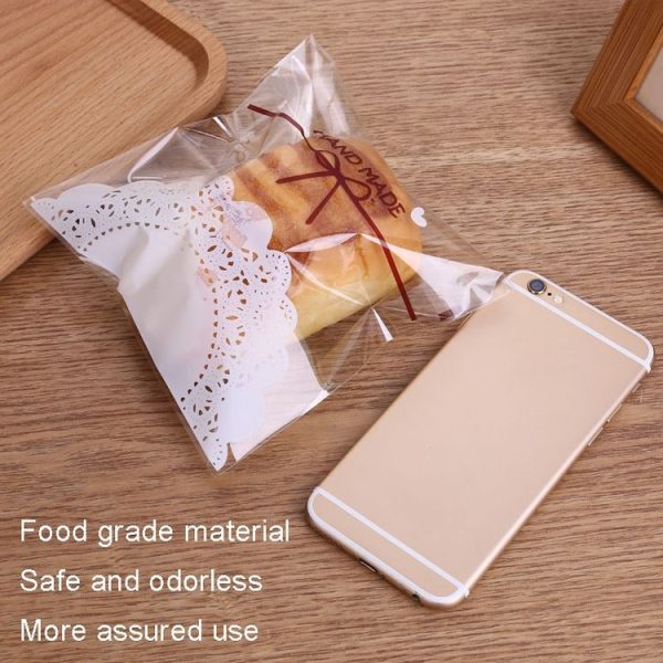 100pcs / Pack 7x7cm White Lace Bow Biscuit Self-Adhesive Bags Baking Packaging - Image 5