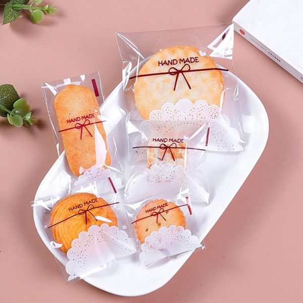 100pcs / Pack 7x7cm White Lace Bow Biscuit Self-Adhesive Bags Baking Packaging - Image 6