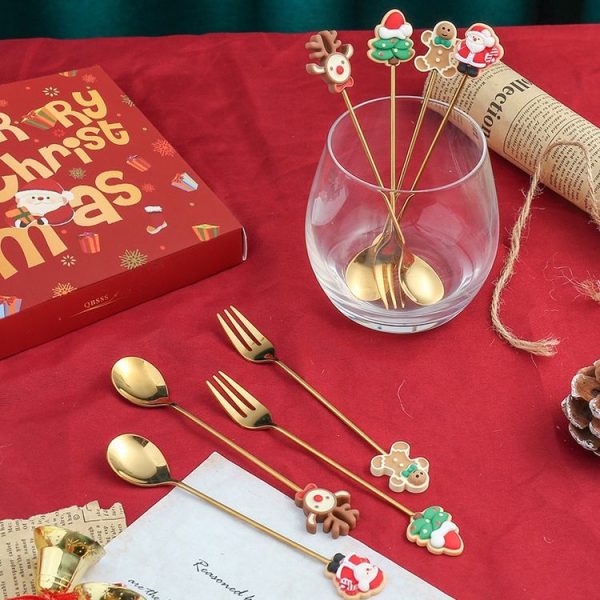 4pcs / Pack Christmas Gift Spoon Cartoon Fruit Fork Dessert Coffee Scoop, Style: A - Image 5