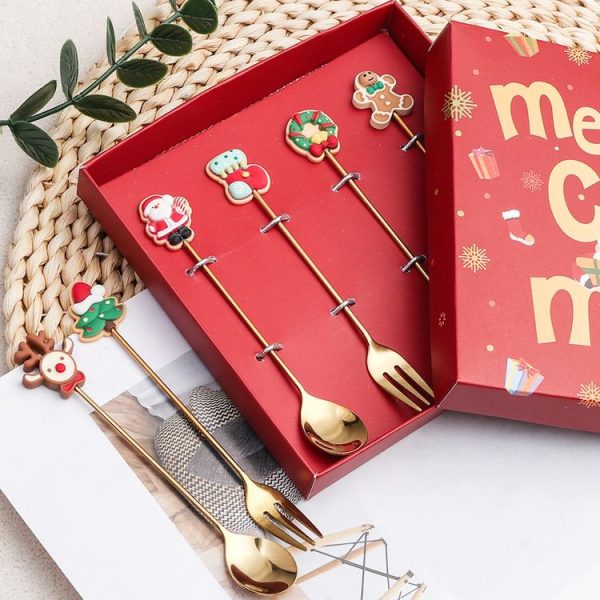 4pcs / Pack Christmas Gift Spoon Cartoon Fruit Fork Dessert Coffee Scoop, Style: A - Image 6