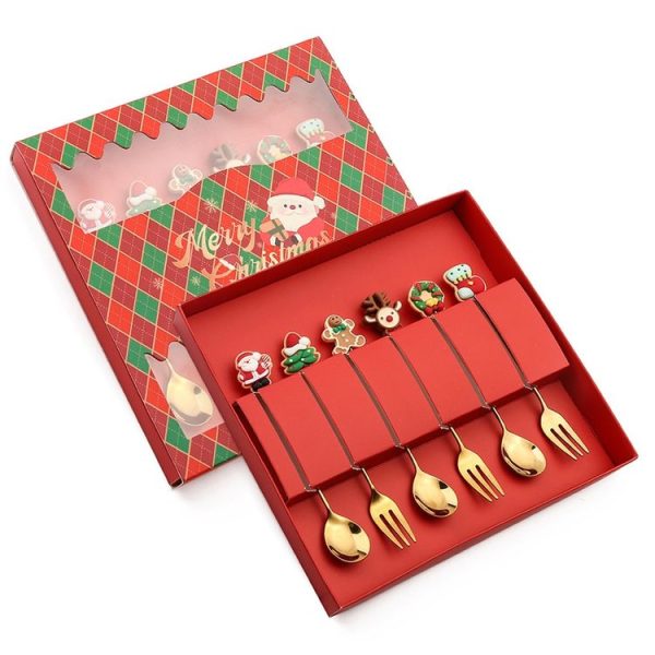 6pcs / Pack Christmas Gift Spoon Cartoon Fruit Fork Dessert Coffee Scoop, Style: Spoon Fork (Red Box)