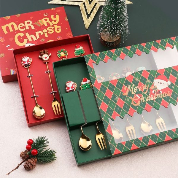 6pcs / Pack Christmas Gift Spoon Cartoon Fruit Fork Dessert Coffee Scoop, Style: Spoon Fork (Red Box) - Image 6