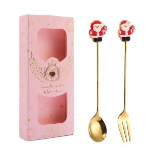 2pcs / Pack Christmas Gift Spoon Cartoon Fruit Fork Dessert Coffee Scoop, Style: Elderly (Pink Box)