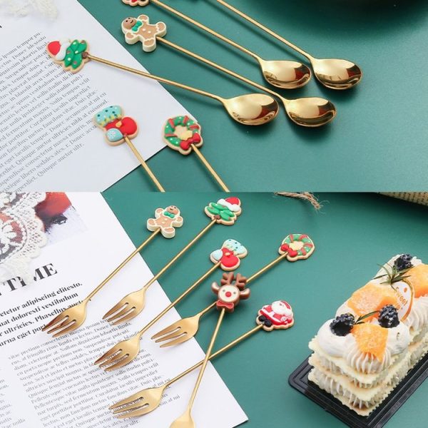 2pcs / Pack Christmas Gift Spoon Cartoon Fruit Fork Dessert Coffee Scoop, Style: Elderly (Pink Box) - Image 4