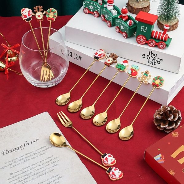 2pcs / Pack Christmas Gift Spoon Cartoon Fruit Fork Dessert Coffee Scoop, Style: Elderly (Pink Box) - Image 5