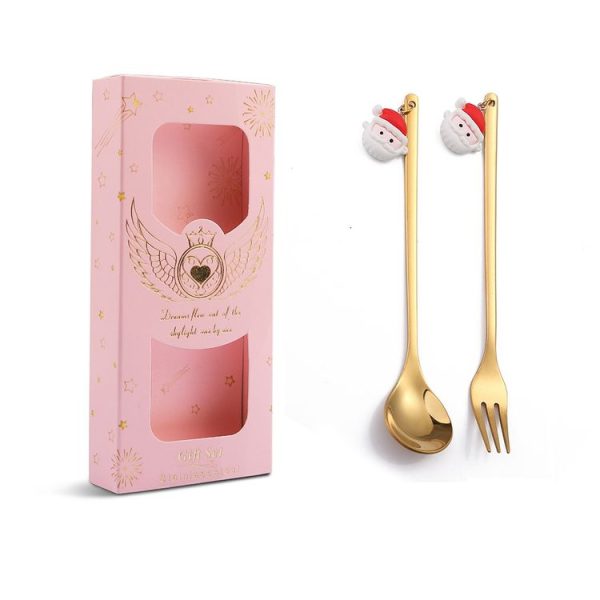2pcs / Pack Christmas Mixing Spoon Fruit Fork With Pendant Flatware, Style: Elderly (Pink Box)