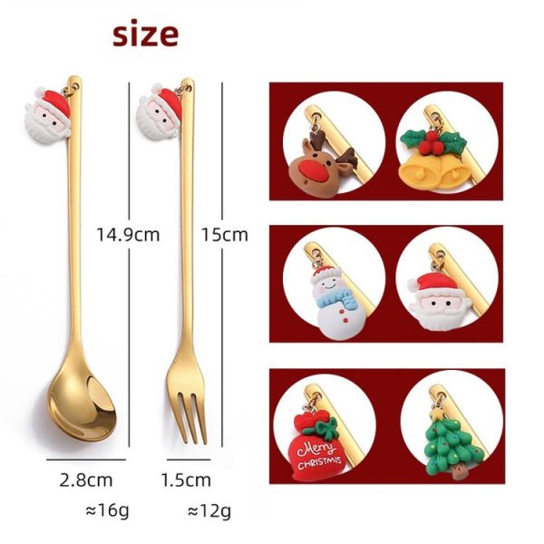 2pcs / Pack Christmas Mixing Spoon Fruit Fork With Pendant Flatware, Style: Elderly (Pink Box) - Image 3