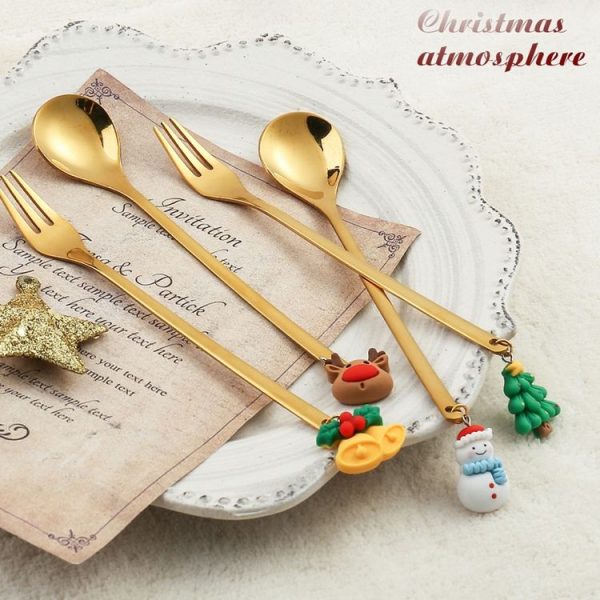 2pcs / Pack Christmas Mixing Spoon Fruit Fork With Pendant Flatware, Style: Elderly (Pink Box) - Image 4