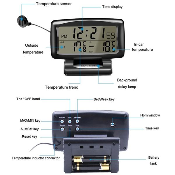LCD Night Light Car Clock Automotive Electronics Inside And Outside Dual Thermometer - Image 4