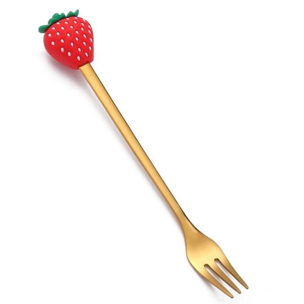 Stainless Steel Coffee Spoon Cartoon Fruit Fork Cute Kids Tableware, Style: Red Strawberry Fork