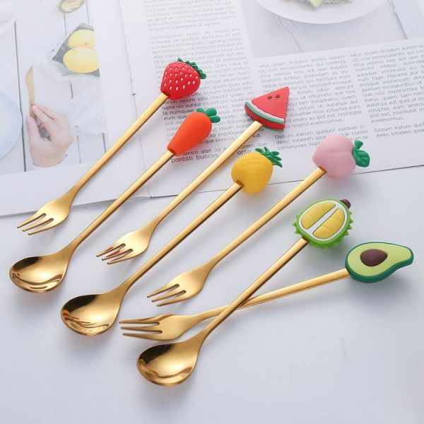 Stainless Steel Coffee Spoon Cartoon Fruit Fork Cute Kids Tableware, Style: Red Strawberry Fork - Image 2