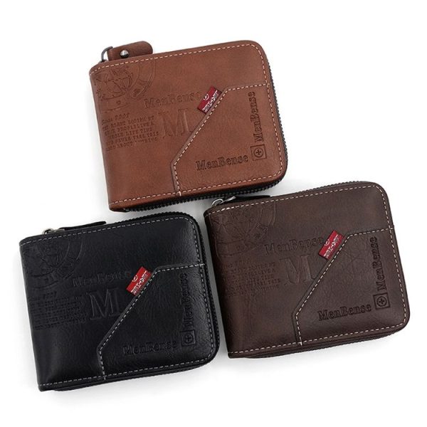 MenBense Men Short Zipper Wallet Coin Purse Large Capacity Multi-Card Money Clip (Black) - Image 2