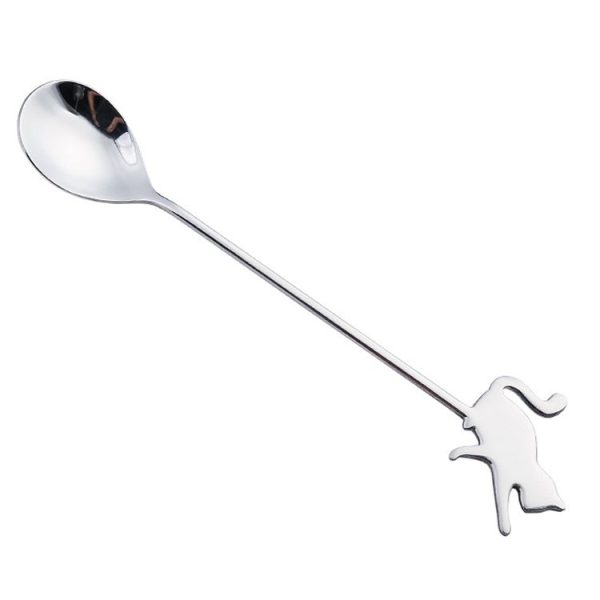 304 Stainless Steel Cartoon Pet Stirring Spoon Fork Fruit Fork Dessert Scoop, Style: Beckon Cat Spoon (Silver)