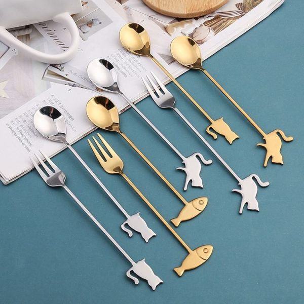 304 Stainless Steel Cartoon Pet Stirring Spoon Fork Fruit Fork Dessert Scoop, Style: Beckon Cat Spoon (Silver) - Image 3