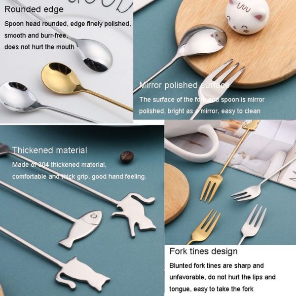 304 Stainless Steel Cartoon Pet Stirring Spoon Fork Fruit Fork Dessert Scoop, Style: Beckon Cat Spoon (Silver) - Image 4