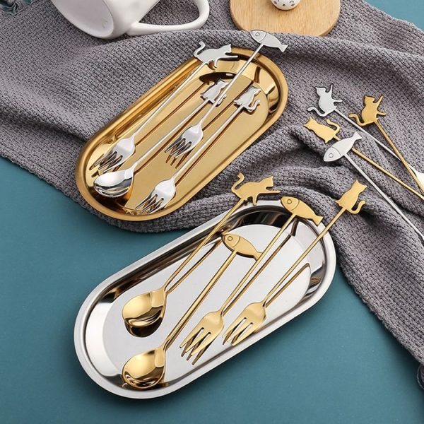 304 Stainless Steel Cartoon Pet Stirring Spoon Fork Fruit Fork Dessert Scoop, Style: Beckon Cat Spoon (Silver) - Image 7