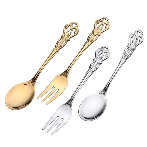 2pcs / Pack Retro Openwork Carved Dessert Spoon Fork Set Engraved Cutlery Gift Box, Style: Pink Box (Silver) - Image 2