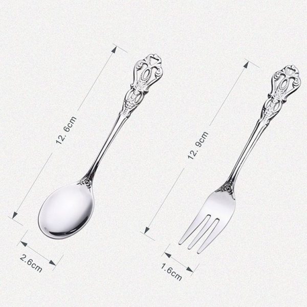 2pcs / Pack Retro Openwork Carved Dessert Spoon Fork Set Engraved Cutlery Gift Box, Style: Pink Box (Silver) - Image 3