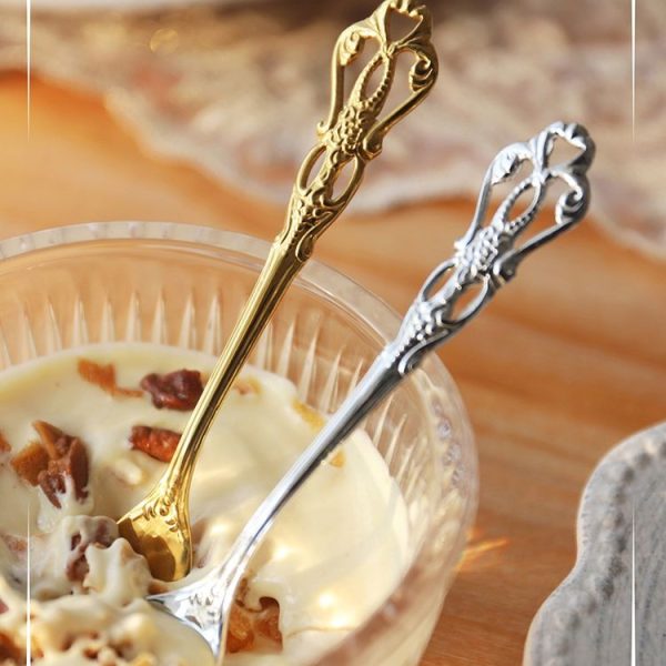2pcs / Pack Retro Openwork Carved Dessert Spoon Fork Set Engraved Cutlery Gift Box, Style: Pink Box (Silver) - Image 6
