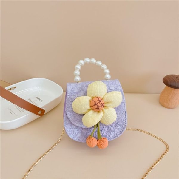 Children Cartoon Flower Pearl Handbag Princess Crossbody Bag Coin Purse (Purple)