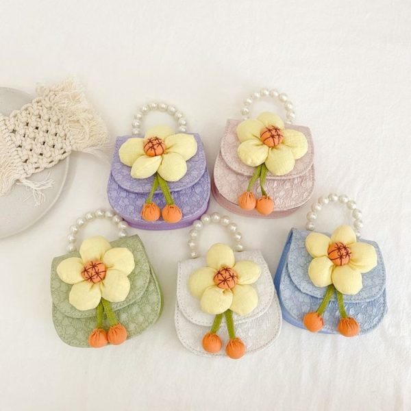 Children Cartoon Flower Pearl Handbag Princess Crossbody Bag Coin Purse (Purple) - Image 2
