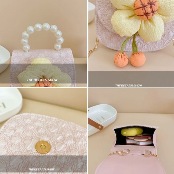 Children Cartoon Flower Pearl Handbag Princess Crossbody Bag Coin Purse (Purple) - Image 4