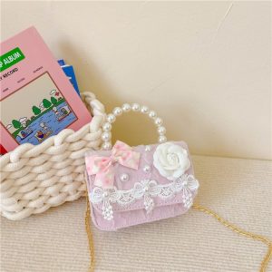 Girls Princess Pearl Handbag Children Single Shoulder Crossbody Bag (Flower Pink)