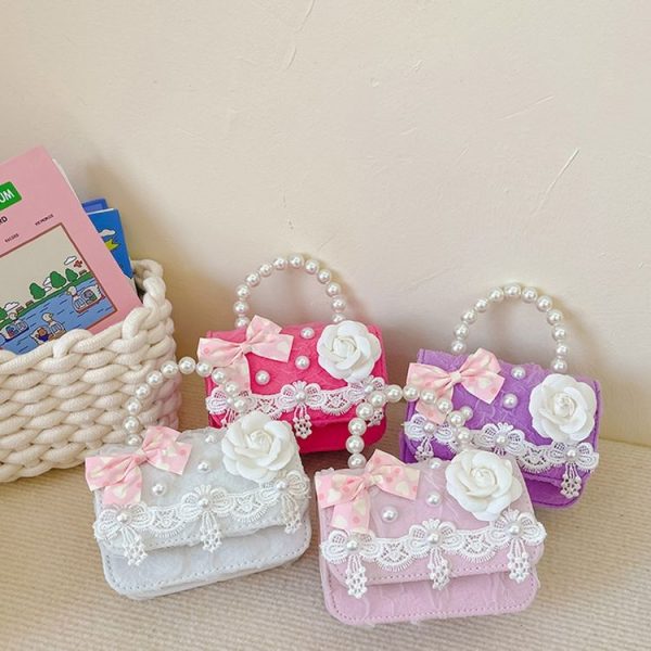 Girls Princess Pearl Handbag Children Single Shoulder Crossbody Bag (Flower Pink) - Image 2