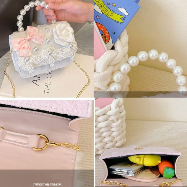 Girls Princess Pearl Handbag Children Single Shoulder Crossbody Bag (Flower Pink) - Image 3