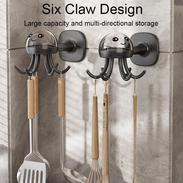 Multifunctional Six-claw 360-degree Rotating Hook Rack Kitchen Storage Seamless Punch-free Hooks (Cream White) - Image 4
