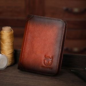 Bull Captain Men Wallet First-layer Cowhide Coin Clip RFID Retro Vertical ID Holder (Brown)