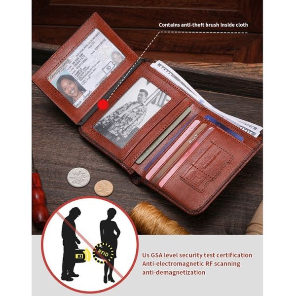 Bull Captain Men Wallet First-layer Cowhide Coin Clip RFID Retro Vertical ID Holder (Brown) - Image 4