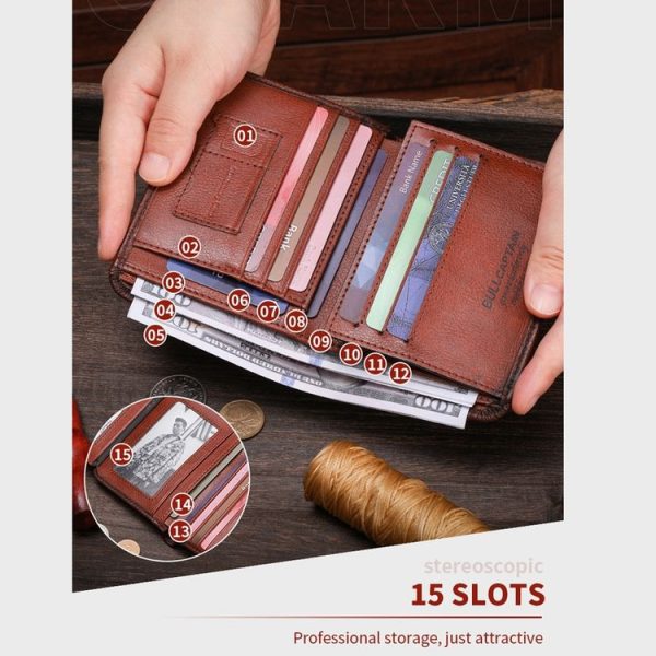 Bull Captain Men Wallet First-layer Cowhide Coin Clip RFID Retro Vertical ID Holder (Brown) - Image 5