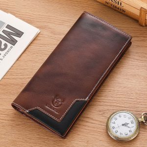 Bull Captain Men Oil Wax Leather Retro Long Wallet Cowhide Two-Fold Large-Capacity Coin Purse (Flame Coffee)